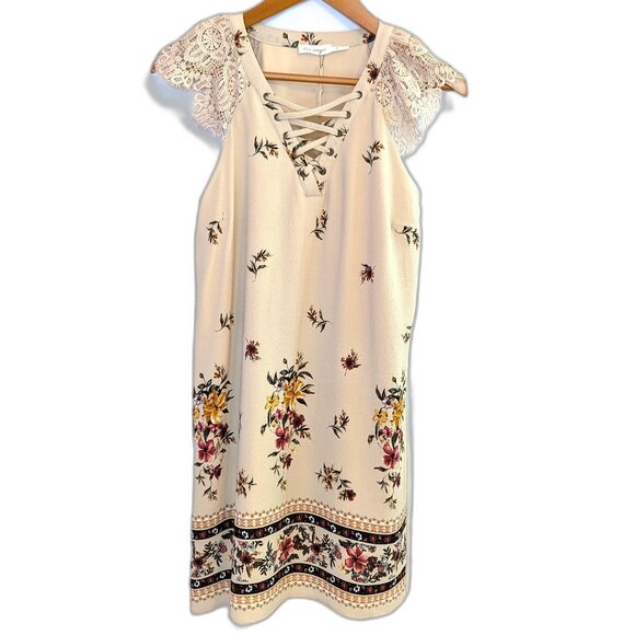 NWT Blu Pepper | Crochet Lace Sleeves Floral Print Tan Shift Dress | Size Small - Picture 6 of 12